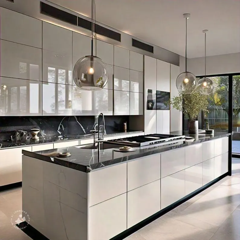 A contemporary island kitchen with a marble worktop and pendant lighting